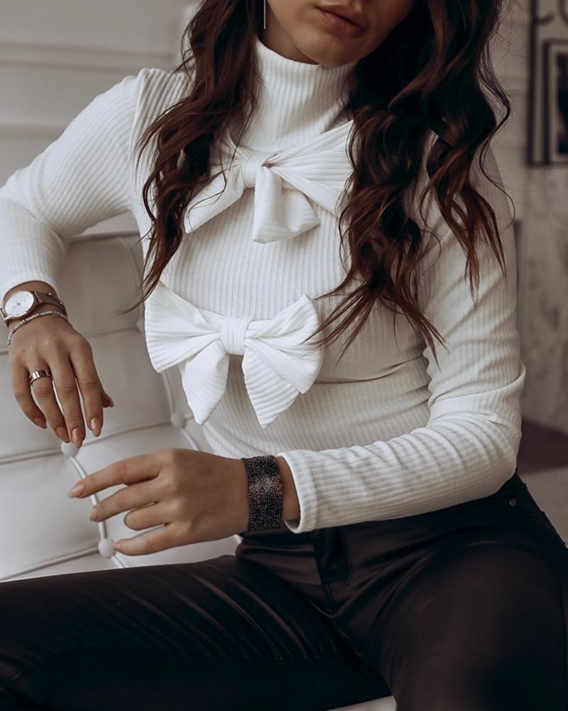 

Solid Bowknot Ribbed Casual Blouse, White