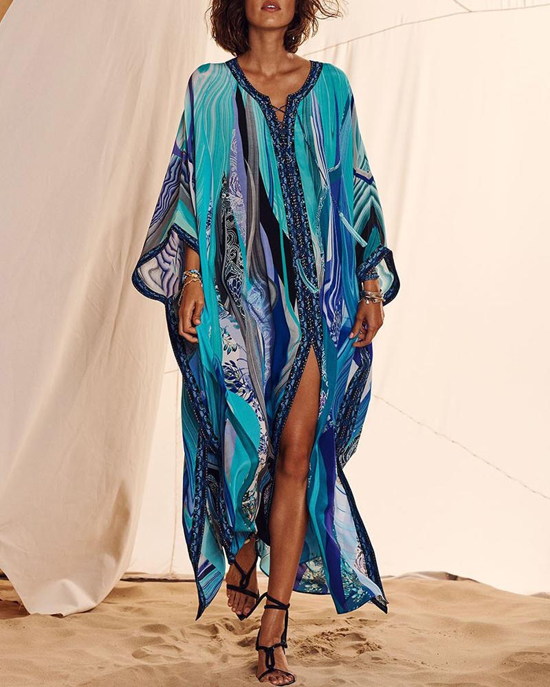

Patterns Print Long Sleeve Bat Wing Sleeve Loose Beach Dress, Blue