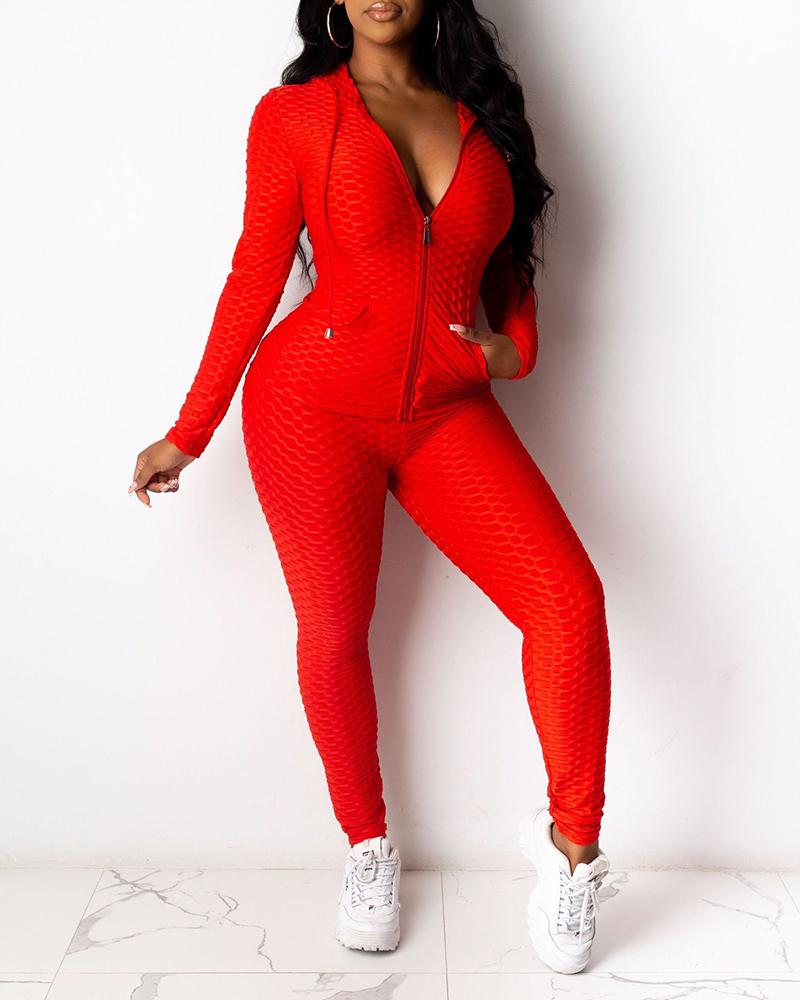 

Zipper Design Bubble Textured Top & Pants Set, Red
