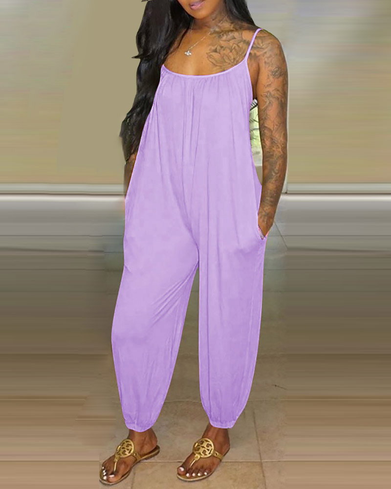 

Solid Tied Cuffed Casual Jumpsuit, Purple