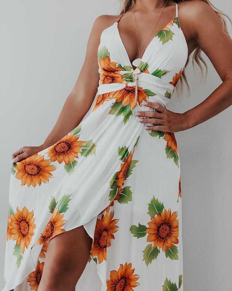 

Spaghetti Strap Sunflower Print Dip Hem Wrap Dress, White