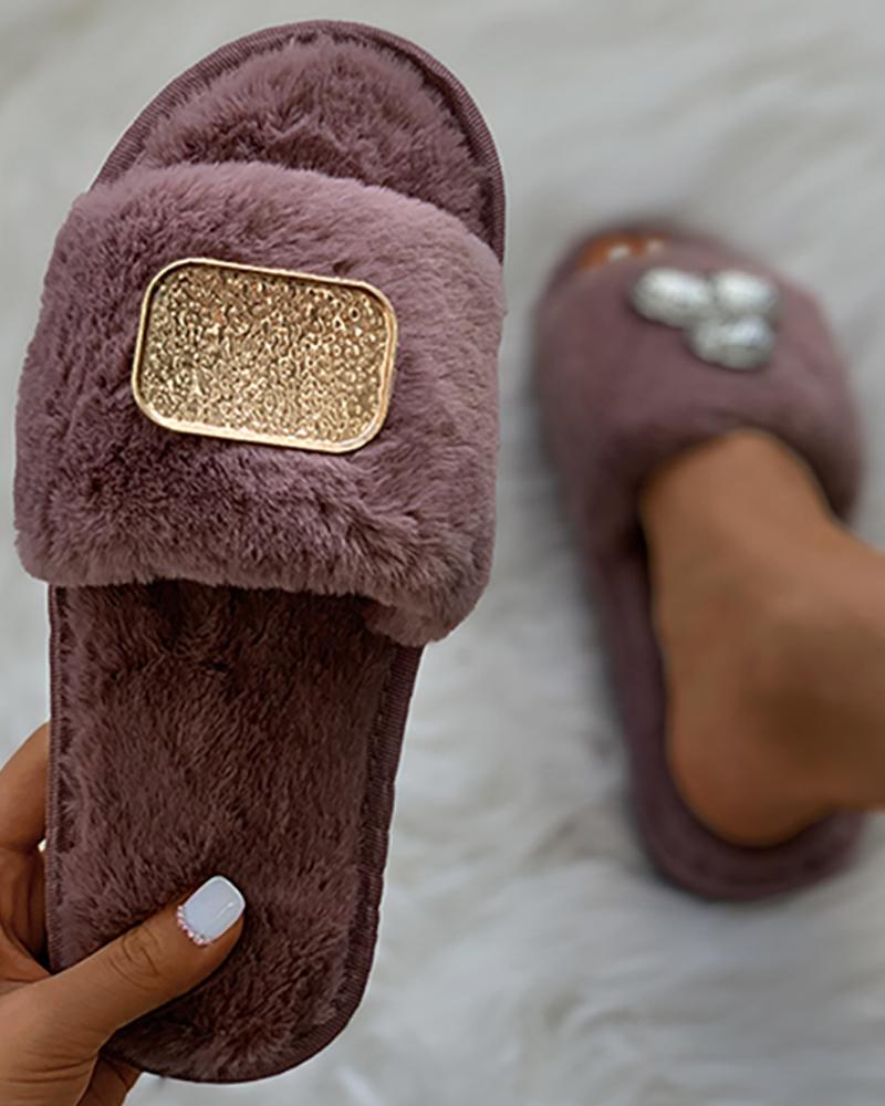 

Geometric Metal Decor Fluffy Slippers, Purple