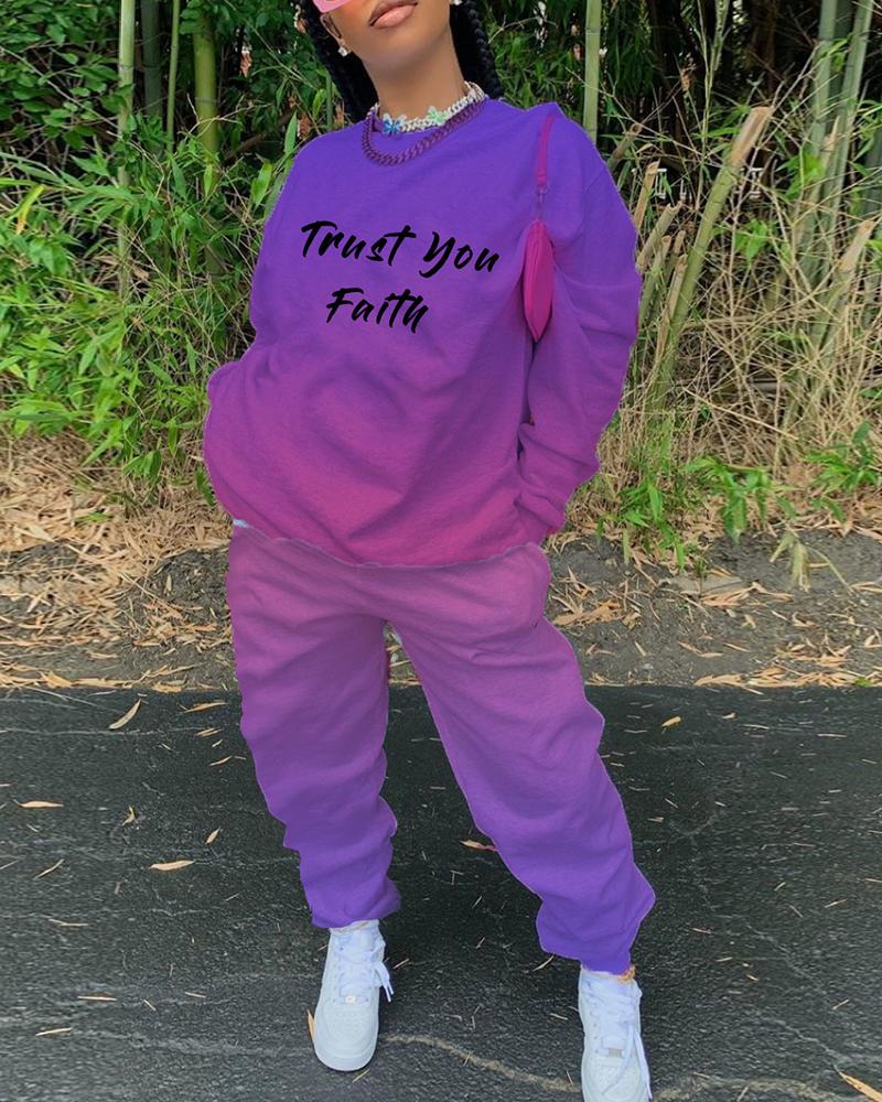 

Gradient Color Letter Print Top & Pocket Design Pants Set, Purple