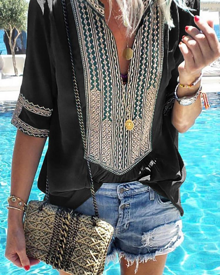 

Ethnic Print Splicing V-Neck Casual Women Blouse, Black