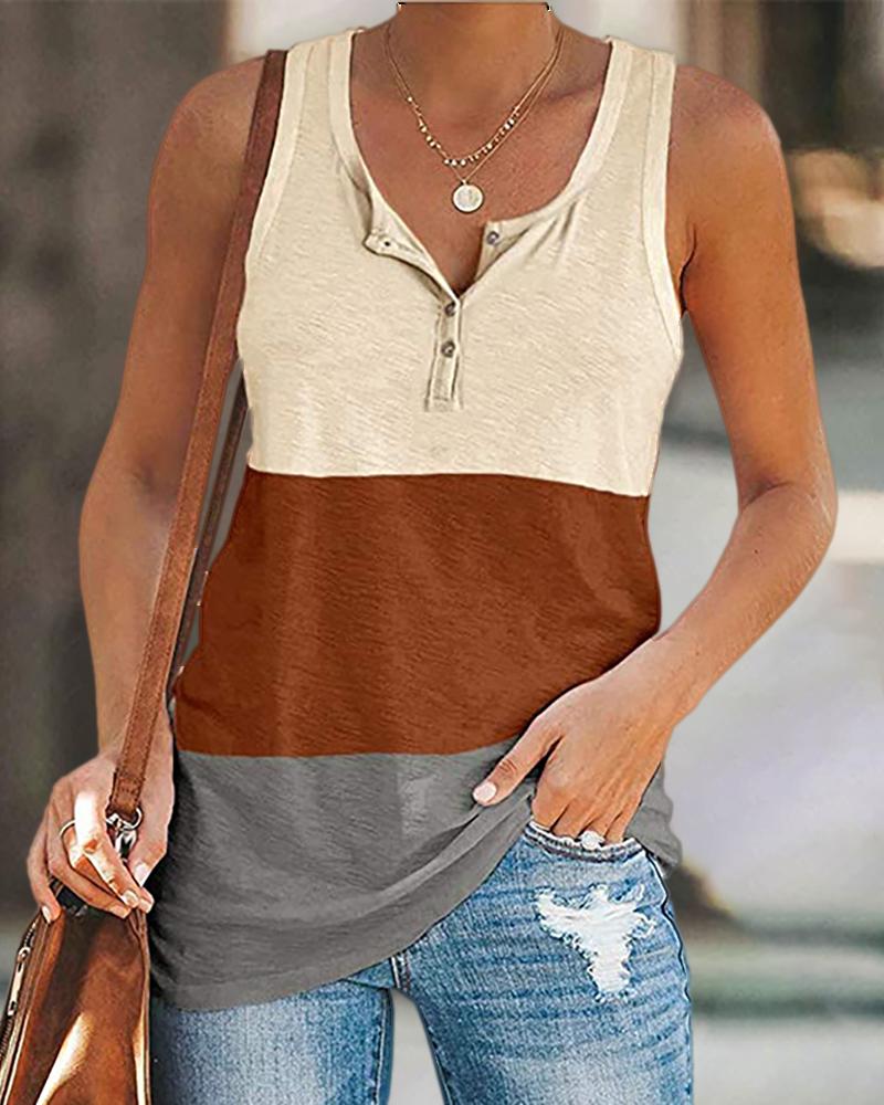 

Colorblock Button Design Tank Top, Khaki