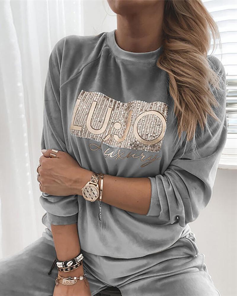 

Velvet Letter Print Round Neck Sweatshirt, Gray