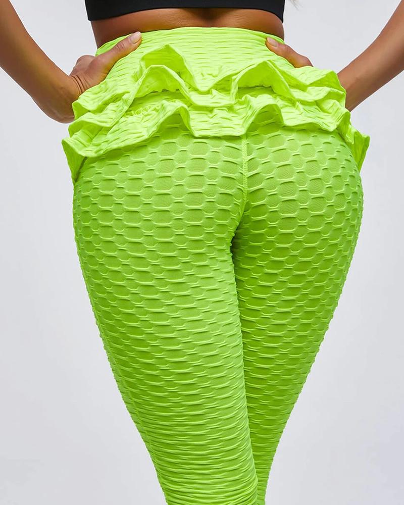 

Plain Textured Ruffle Hem Sports Leggings, Green