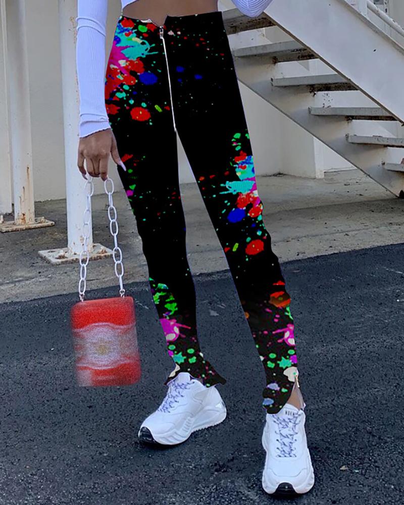 

Ribbed Camouflage / Tie Dye / Cartoon / Doodle Print Zip Pants, Red