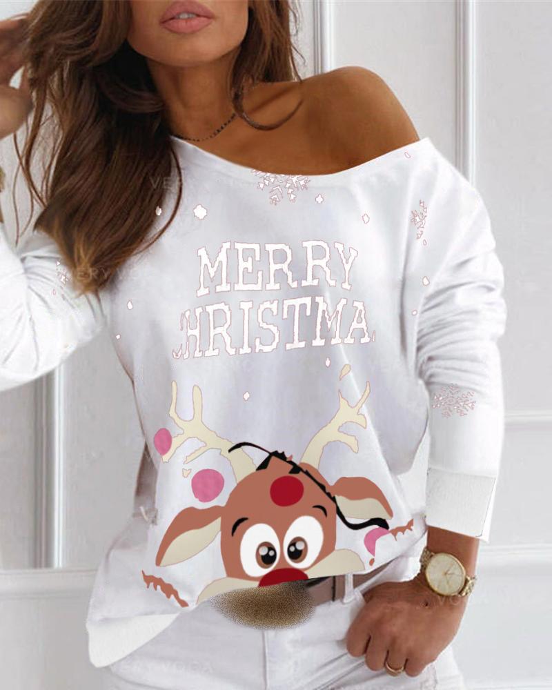 

Christmas Letter Moose Print Long Sleeve T-shirt, White