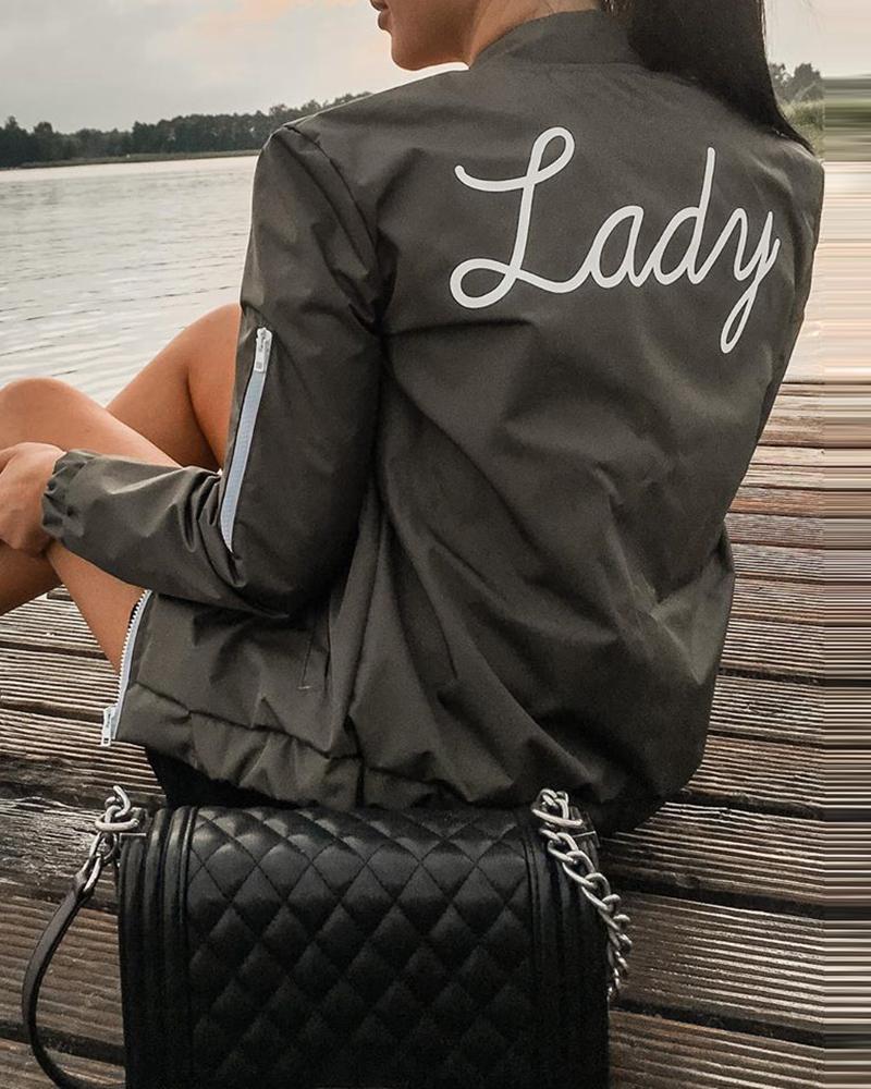 

Letter Print Zipper Design Long Sleeve Jacket, Army green