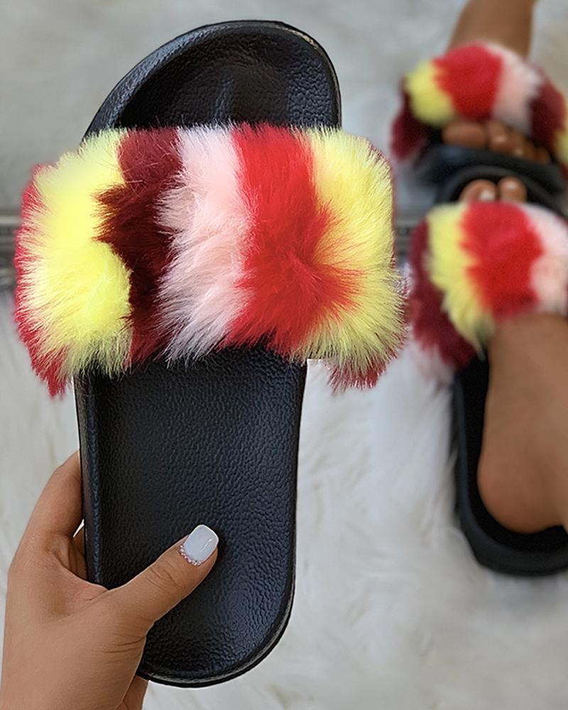 

Colorblock Open Toe Fluffy Slippers, Pink&red