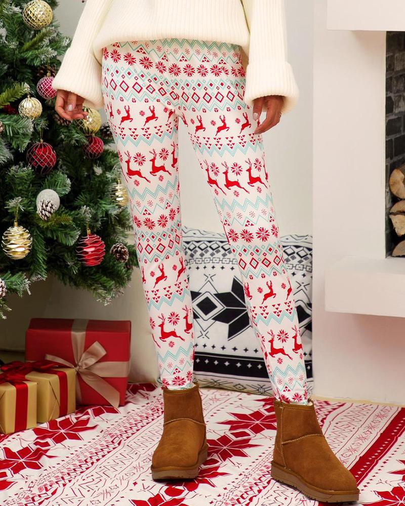 

Christmas Reindeer Snowflake Print Skinny Pants, White