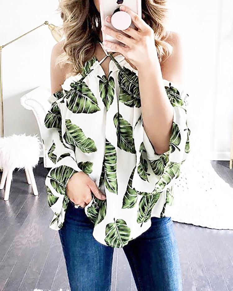 

Leaf Print Frill Halter Cold Shoulder Blouse, Green