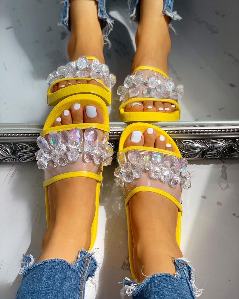 

Transparent Studded Design Flat Sandals, Yellow
