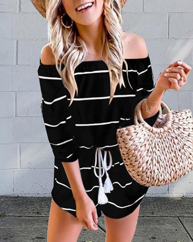 

Off Shoulder Striped Drawstring Casual Romper, Black