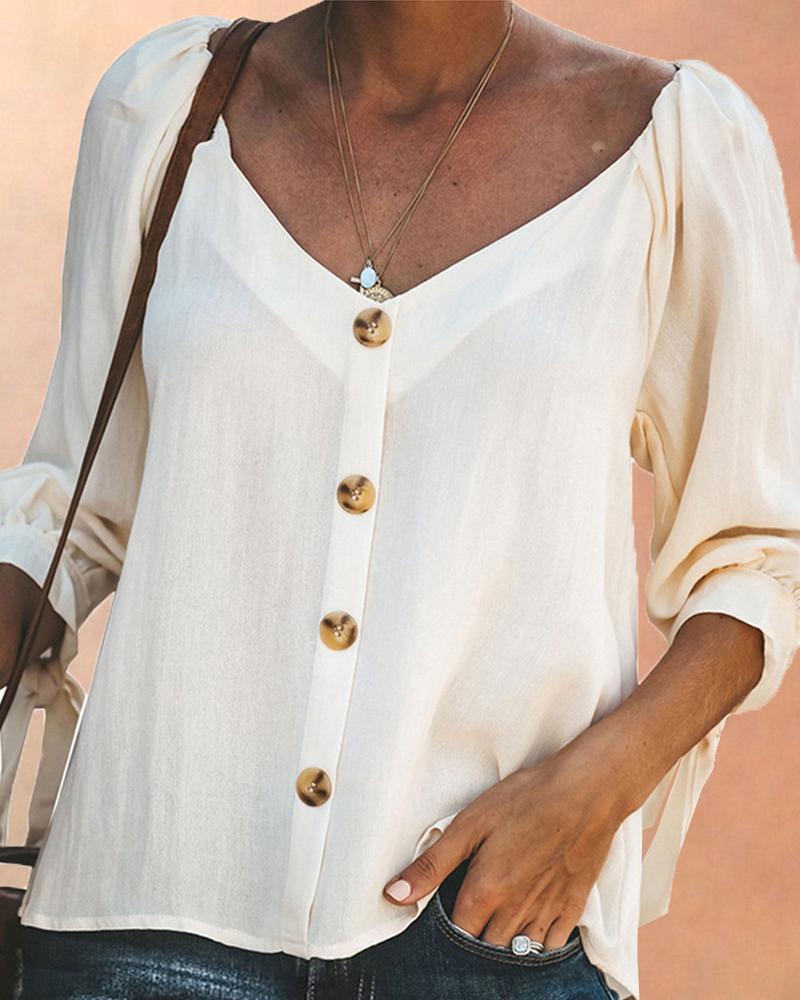 

V Neck Single Button Knotted Casual Blouse, White