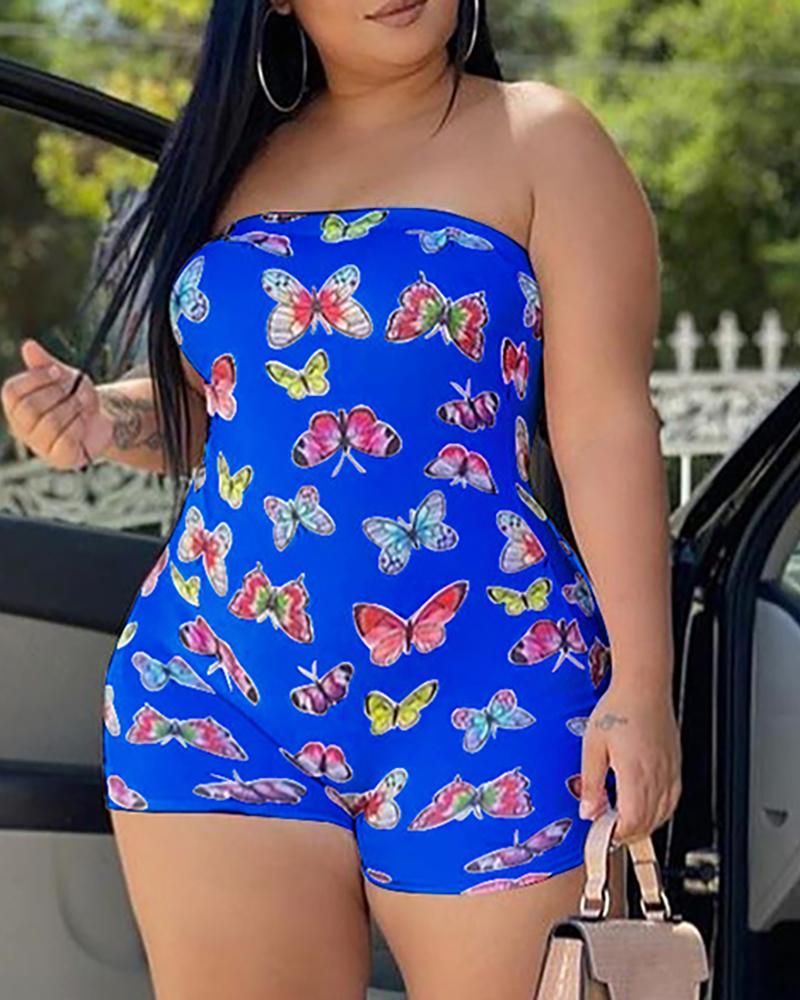 

Butterfly Print Bandeau Sleeveless Romper, Blue