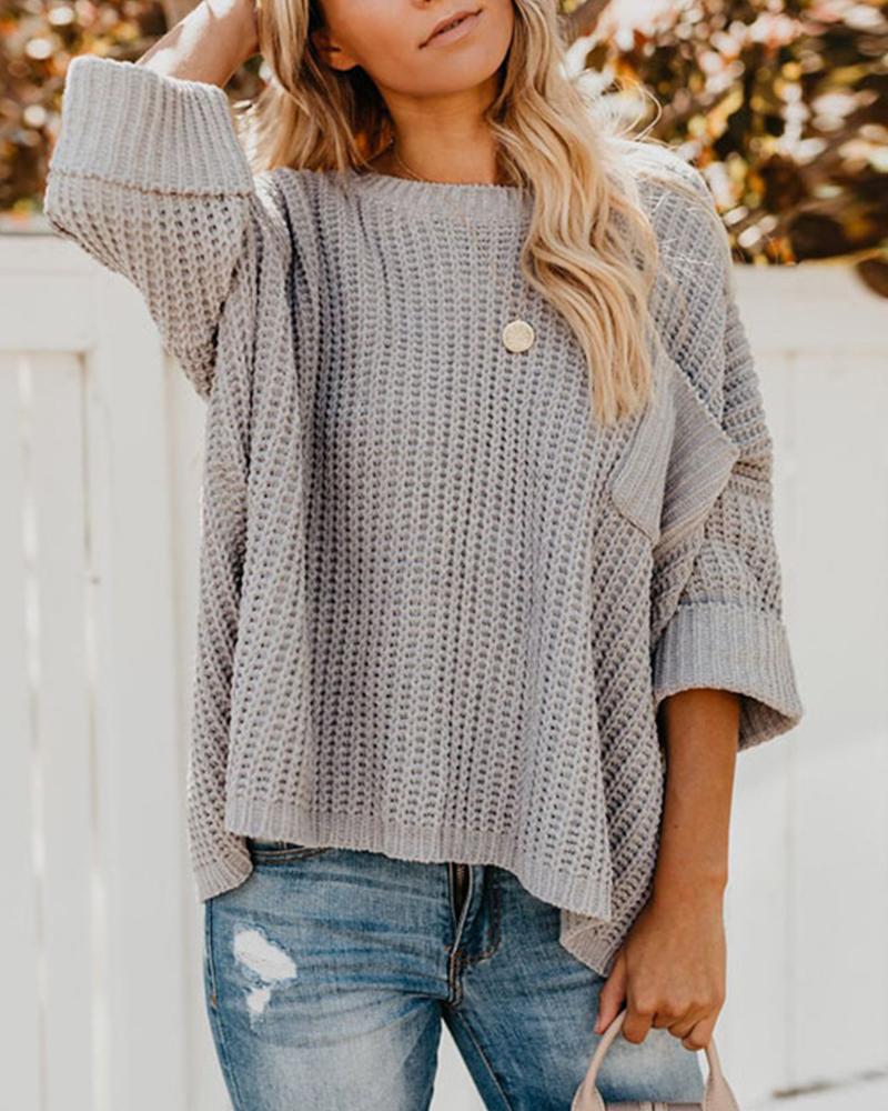 

Solid Three Quatrter Sleeve Loose Sweaters, Gray
