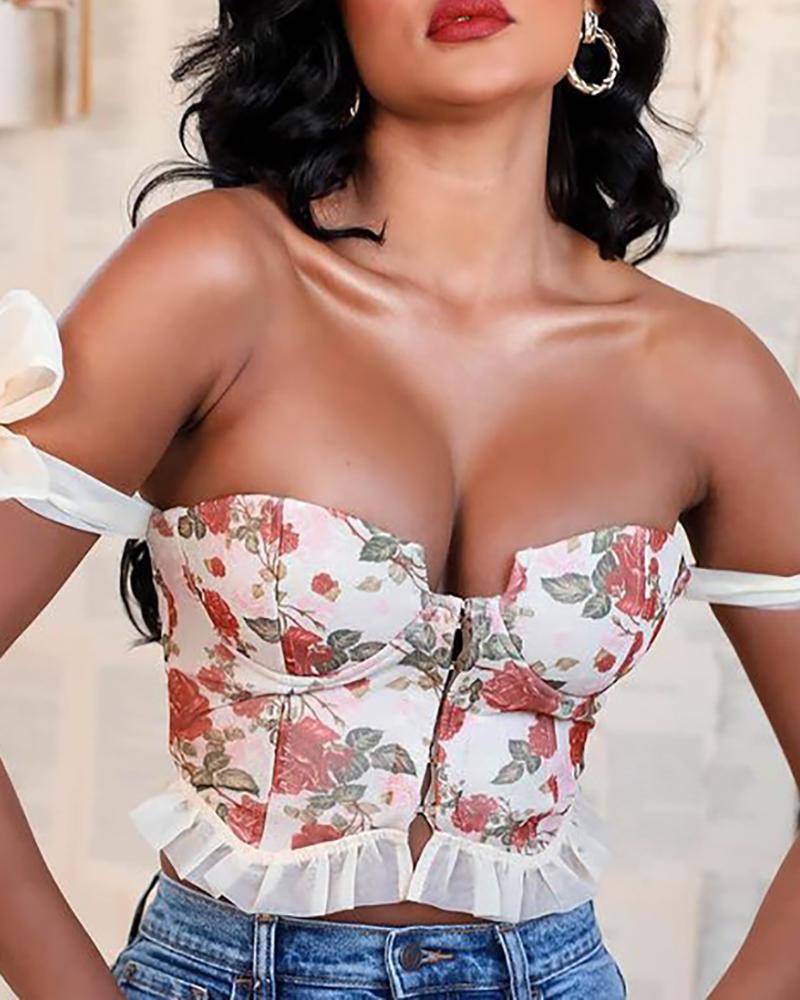 

Floral Print Strap Off Shoulder Skinny Blouse, White