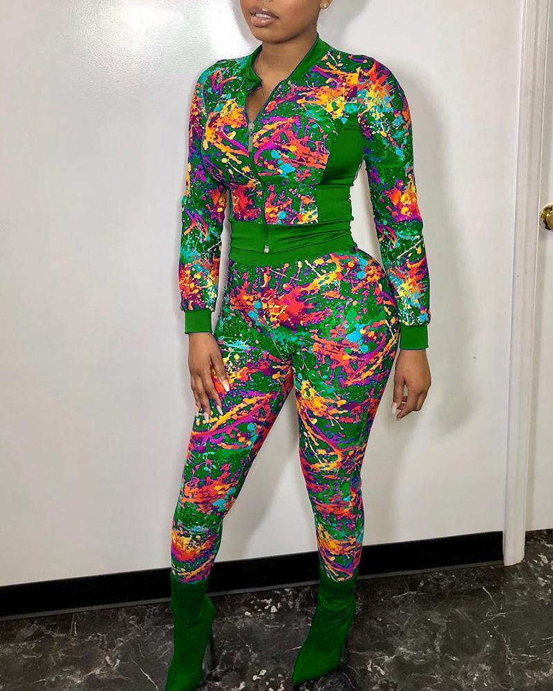 

Colorblock Zipper Front Long Sleeve Women Top & High Waist Pants Set, Green