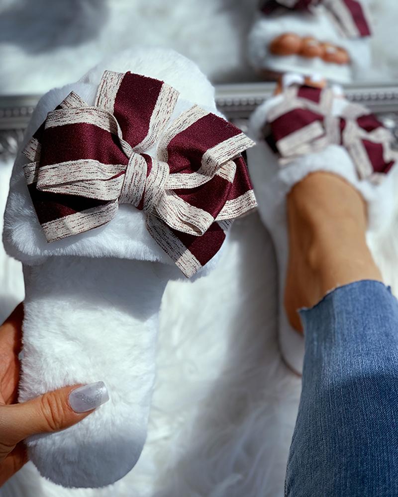 

Bowknot Design Fluffy Open Toe Flat Slipper, White