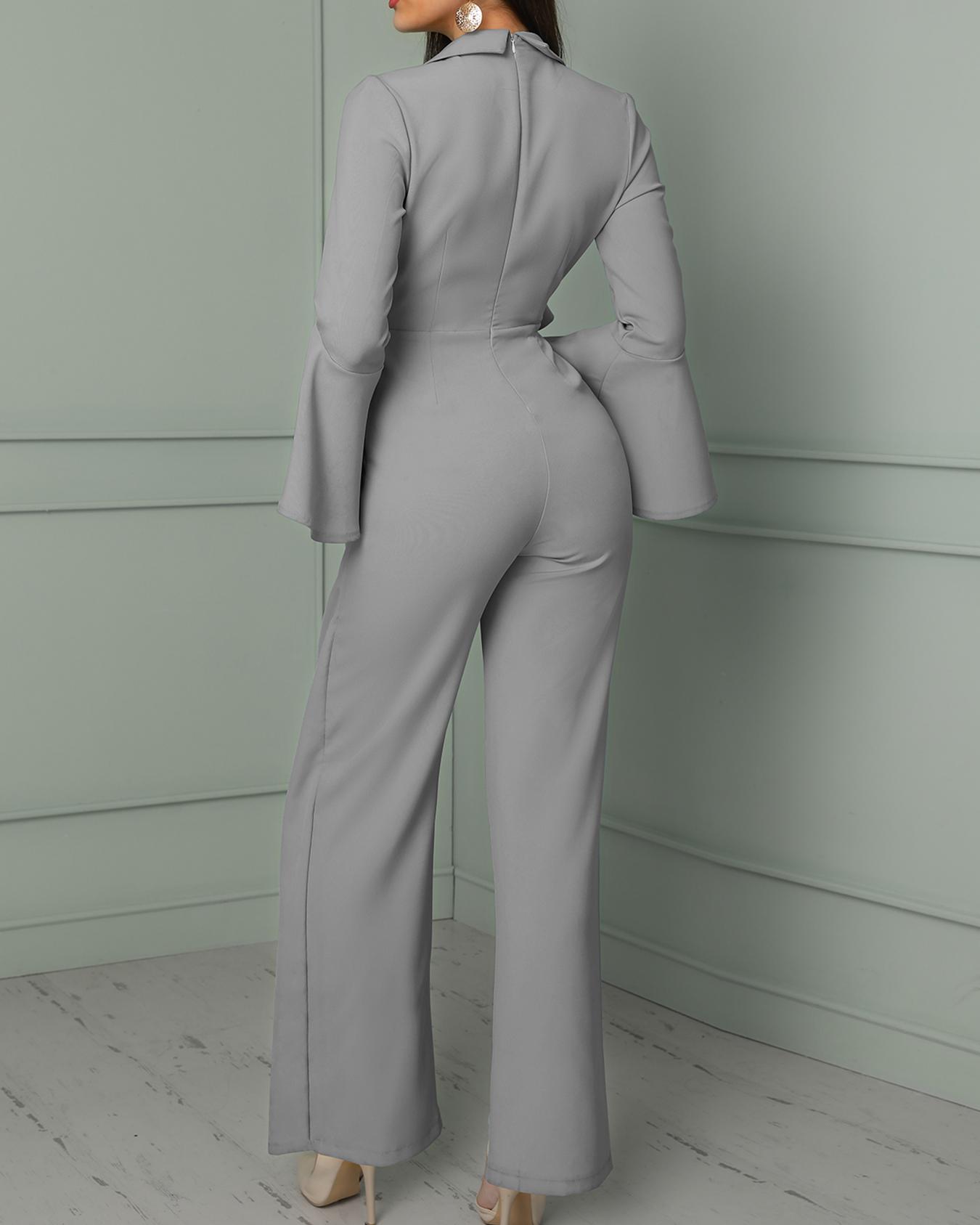 irregular flared sleeve knot side wide leg jumpsuit