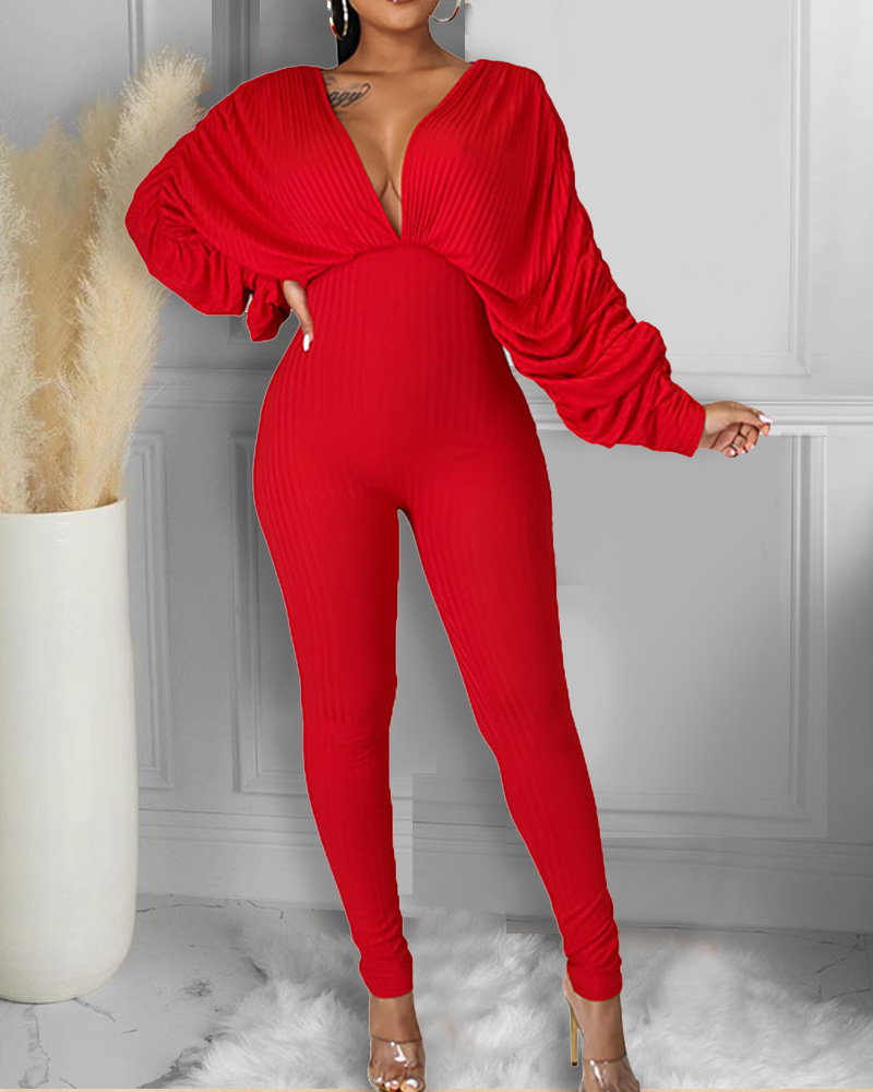 

Plain Plunge Long Sleeve Skinny Jumpsuit, Red