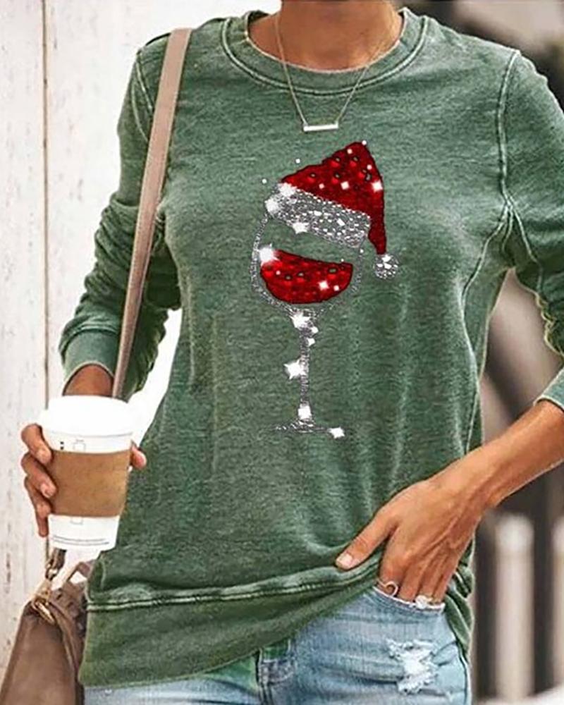 

Christmas Wineglass Hat Print Casual Sweatshirt, Green