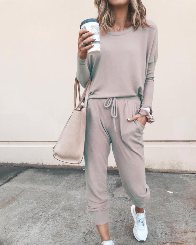 

Solid Long Sleeve Women Top & Drawstring Casual Pants Set, Gray