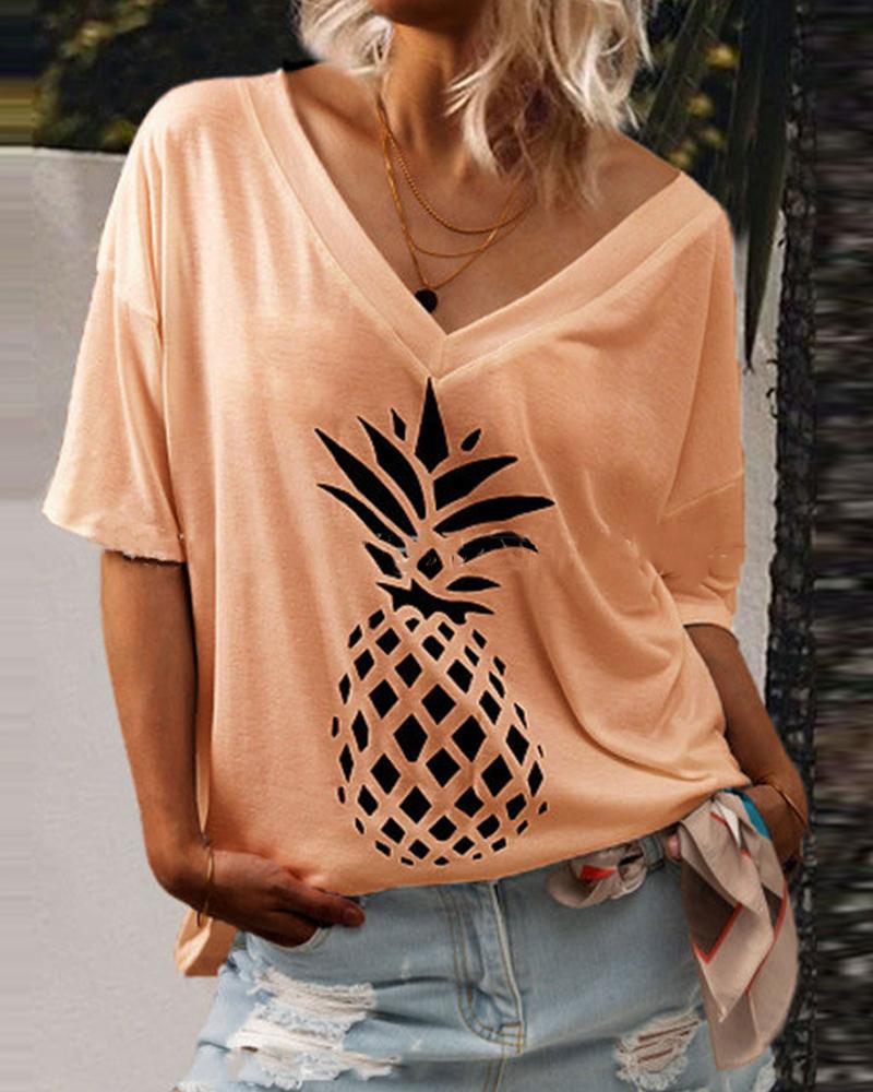 

Print V Neck Loose T-shirt Top, Orange