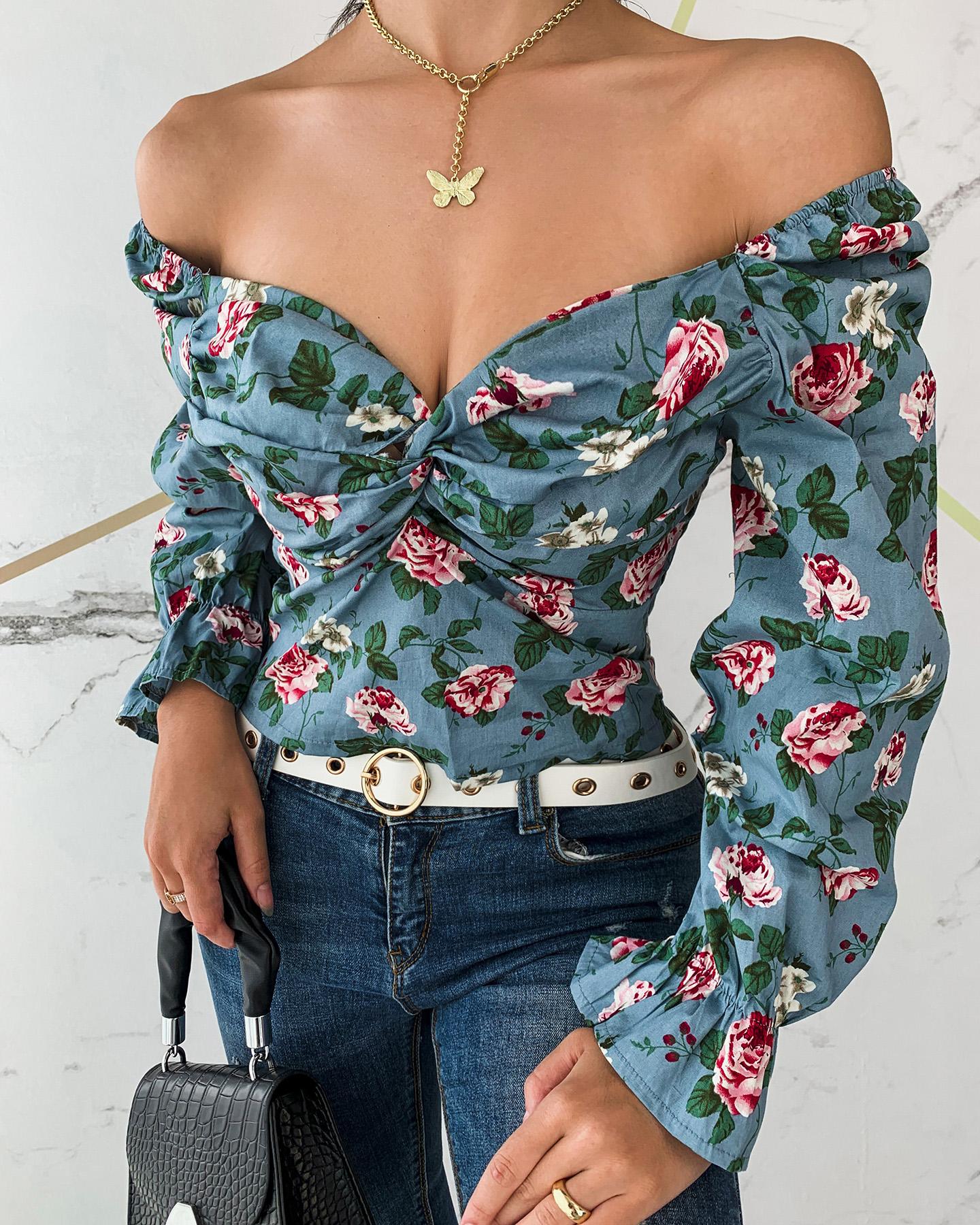 

Floral Print Twisted Top, Blue