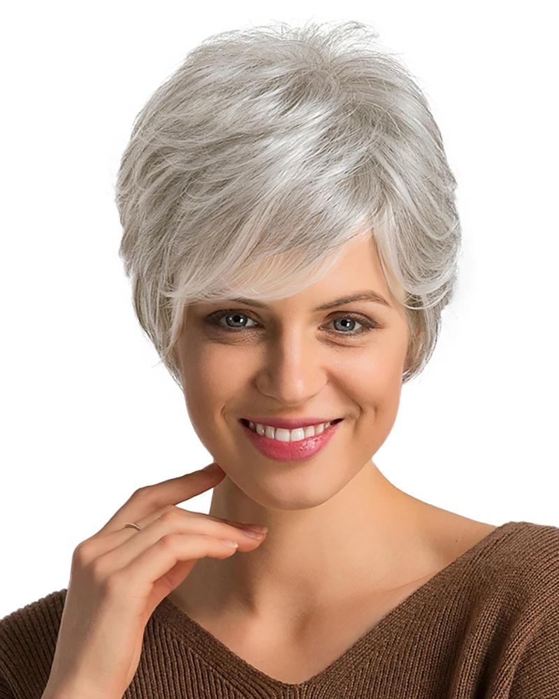 

Human Hair Blend Wig Short Curly Pixie Cut Short Hairstyles Wig, Gray