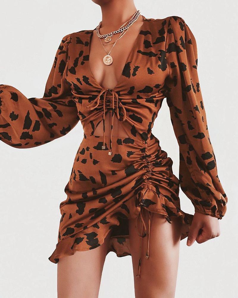 

Leopard Drawstring Design Ruffles Dress, Brown