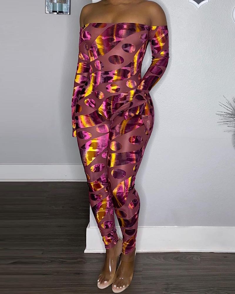 

Off Shoulder Cheetah Print Reflective Jumpsuit, Purple