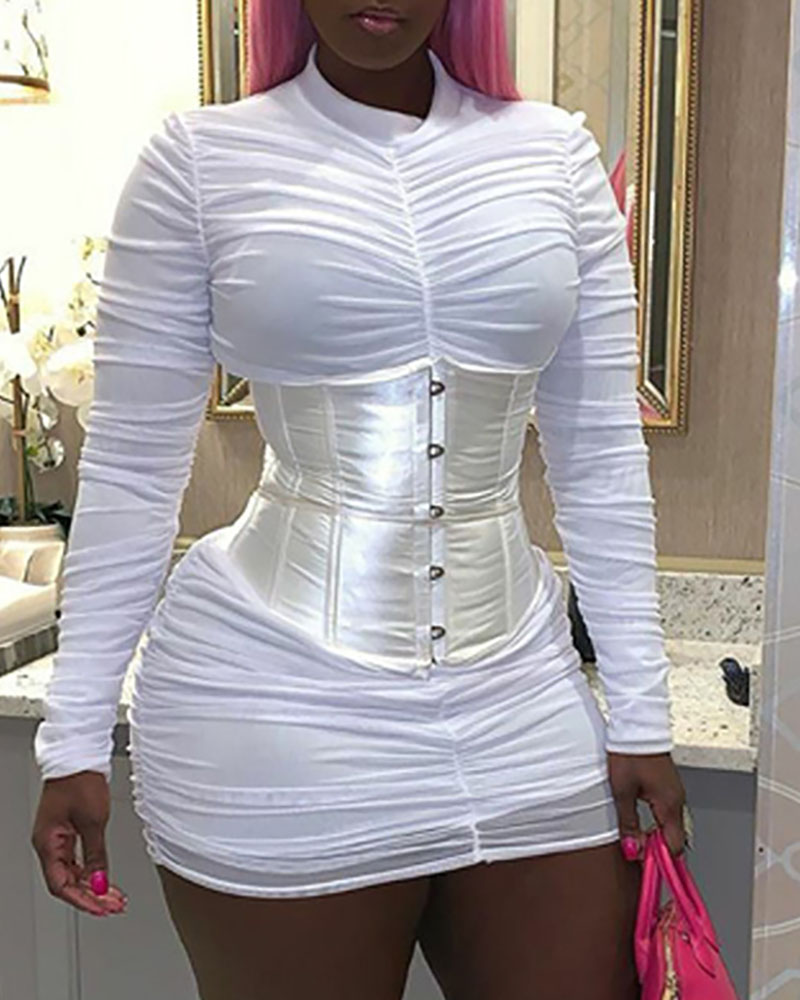 

Plain Long Sleeve Ruched Bodycon Dress, White