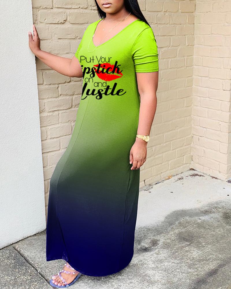 

Letter Lip Print Ombre Colorblock Pocket Design Maxi Dress, Green
