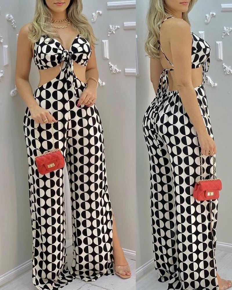 

All Over Print Backless Cutout Wide Leg Jumpsuit, Black