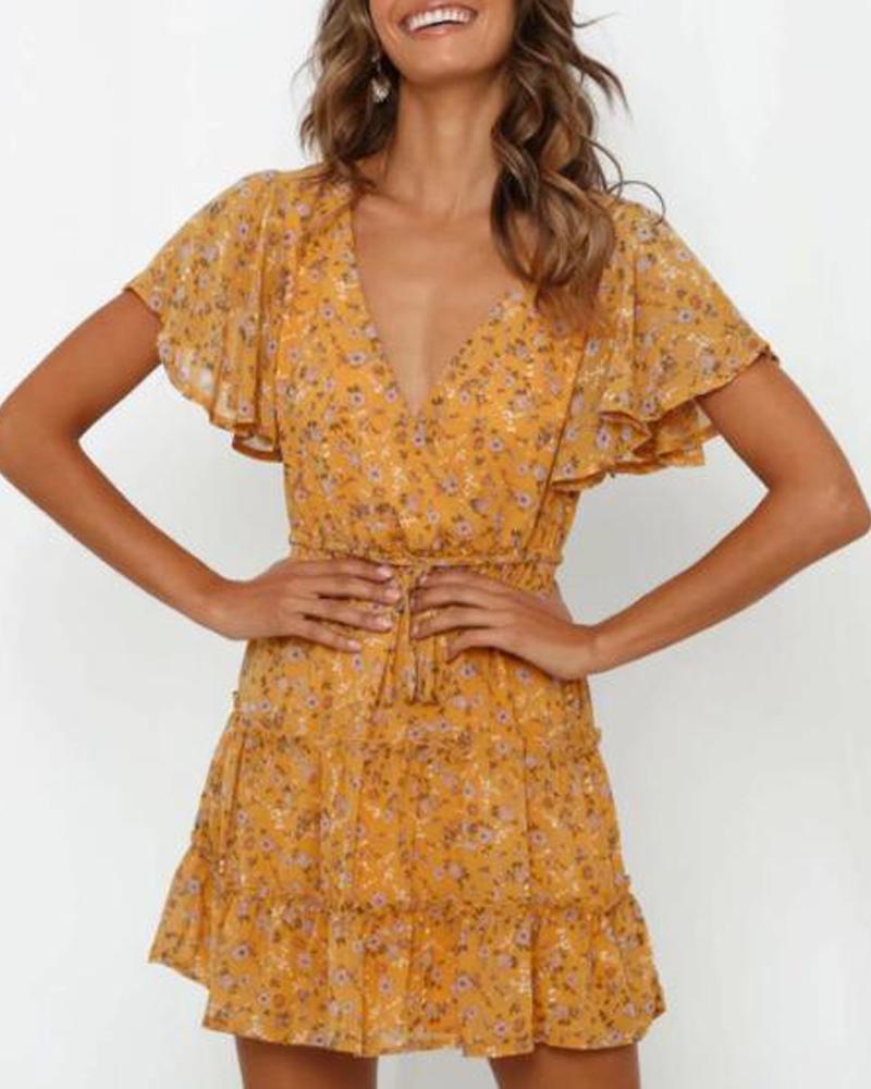 

Floral Print Frill Detail Mini Dress, Yellow