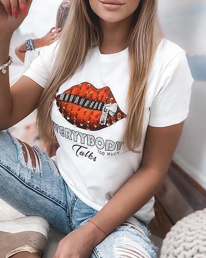 

Lip Letter Print Round Neck T-Shirt, White
