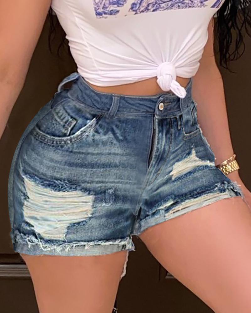 

Distressed Fringe Hem Pockets Casual Denim Shorts, Blue