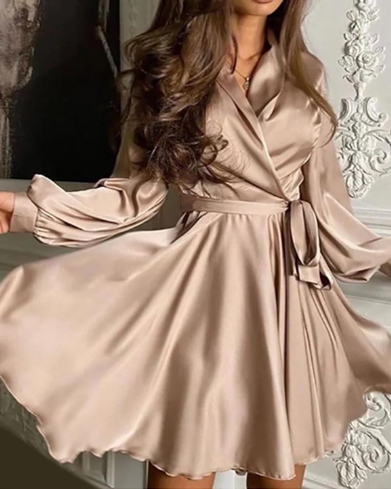 

Lantern Sleeve Satin Casual Dress, Khaki