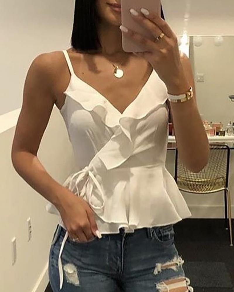 

Ruffles Tied Detail Spaghetti Strap Top, White