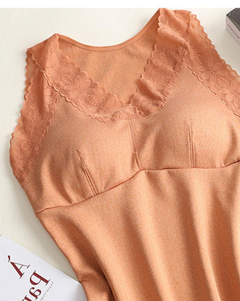 

Floral Lace Trim Crisscross Padded Vest Thermal Underwear Base Shirt, Orange
