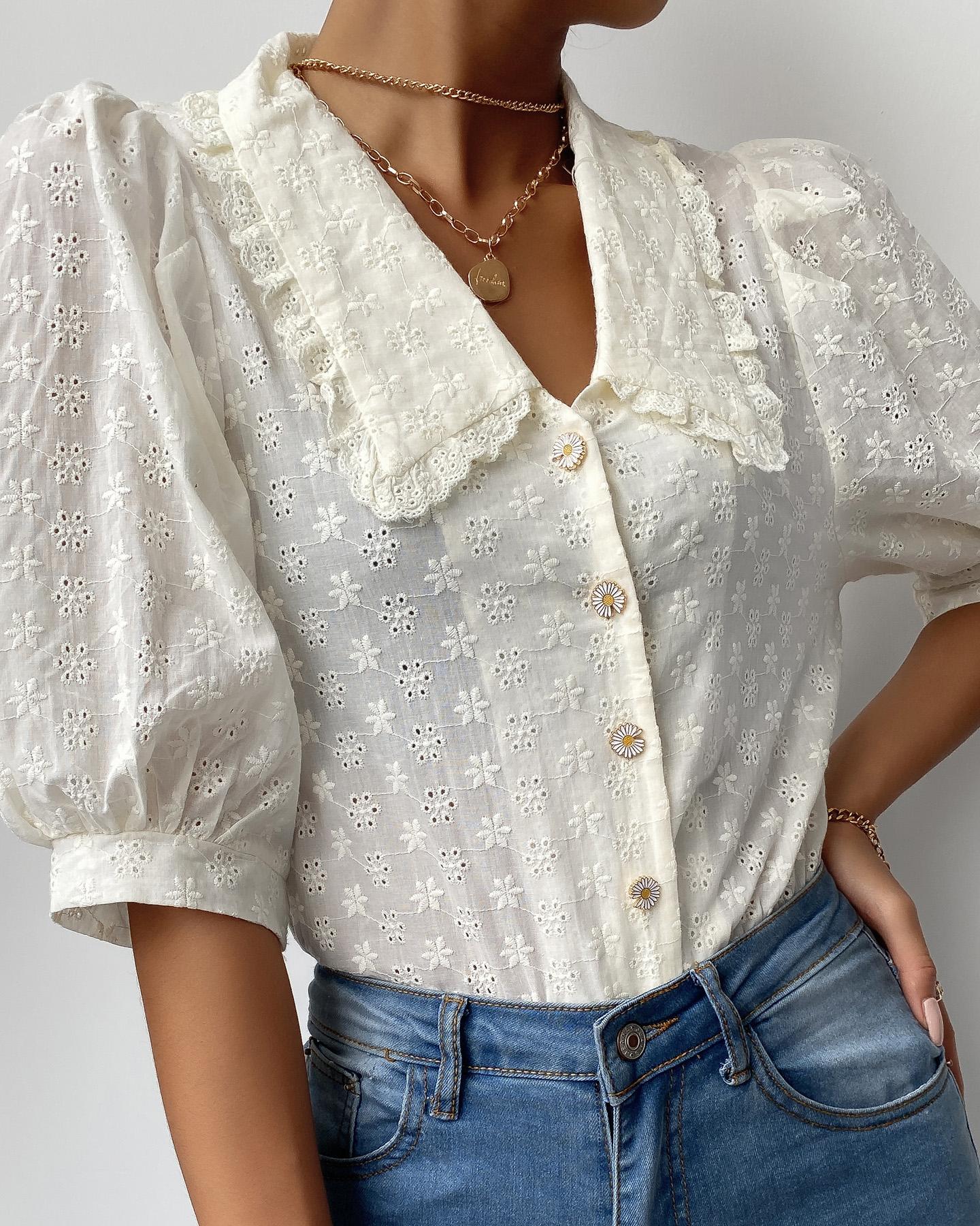 

Eyelet Embroidery Puff Sleeve Button Front Top, Apricot