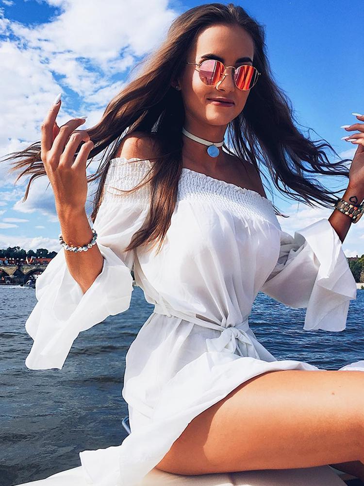 

Sexy Flare Sleeve Drop Hem Pleated Chiffon Casual Dress, White