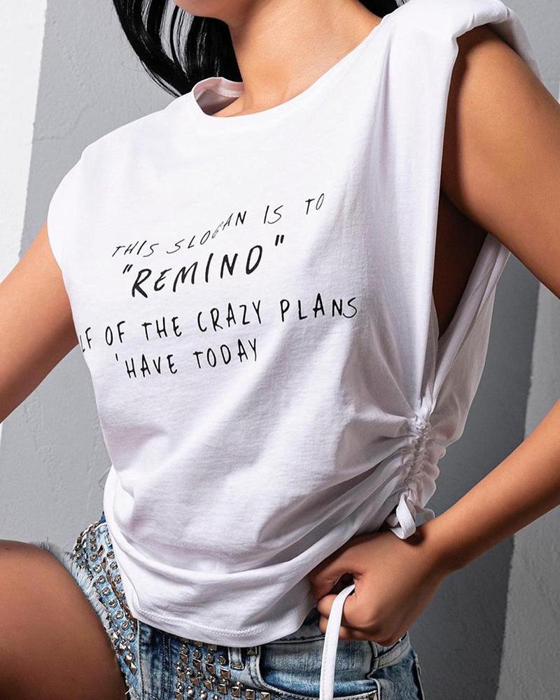 

Letter Print Drawstring Round Neck Tank, White
