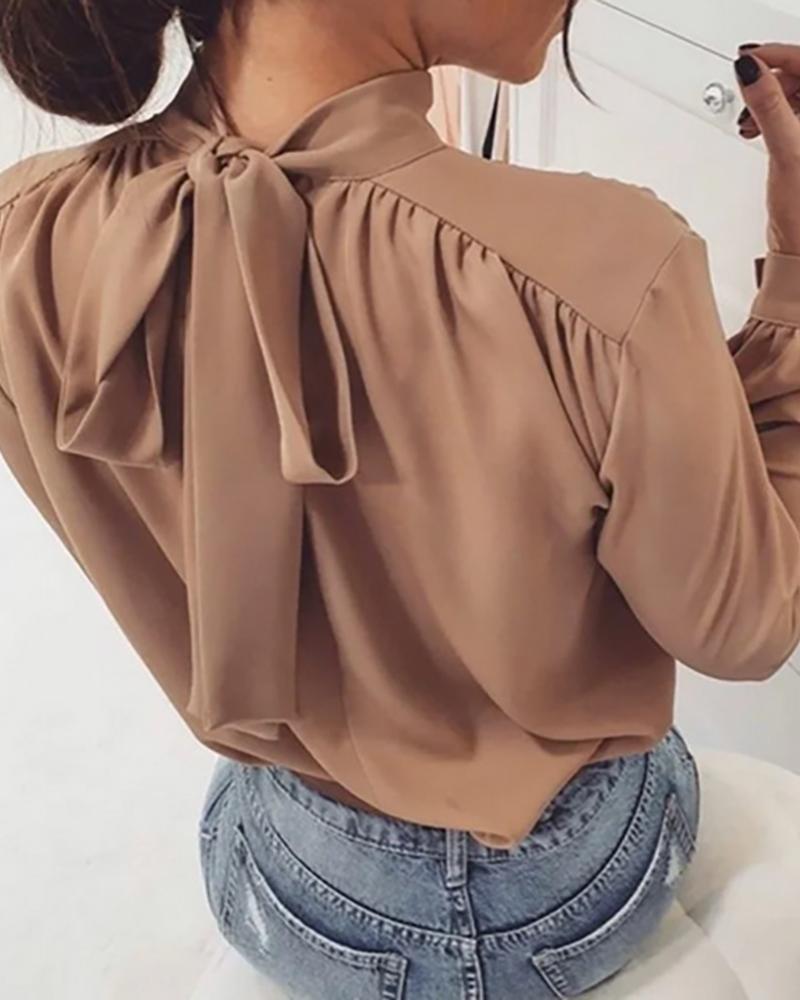 

Plain Tie Neck Long Sleeve Blouse, Coffee