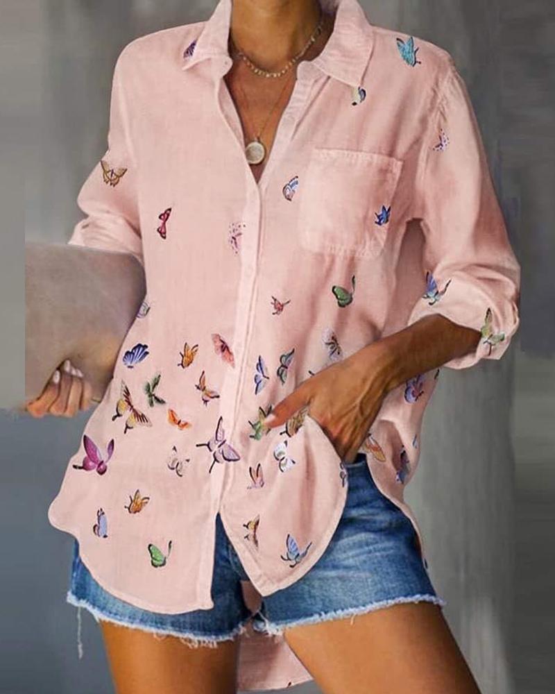 

Butterfly Print Long Sleeve Casual Shirt, Pink