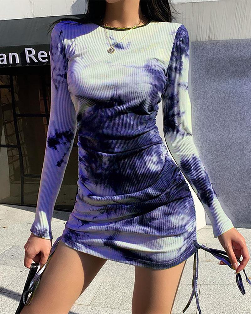 

Tie Dye Print Ruched Drawstring Bodycon Dress, Dark blue
