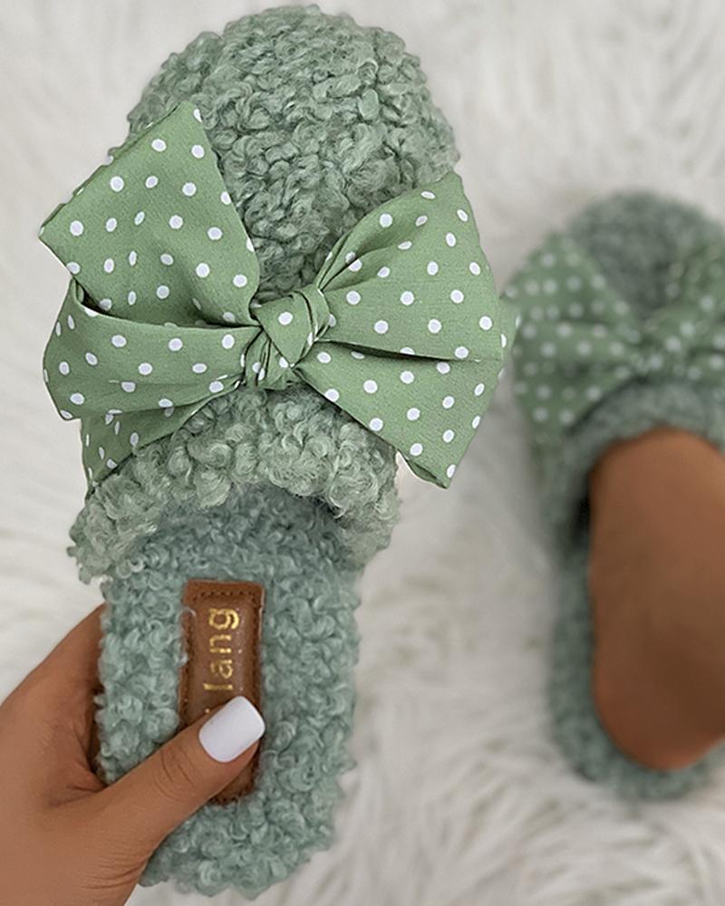 

Polkadot Bowknot Fluffy Slippers, Green